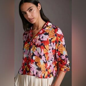 Anthropologie MAEVE Floral Button Up Cropped Modal Blouse
